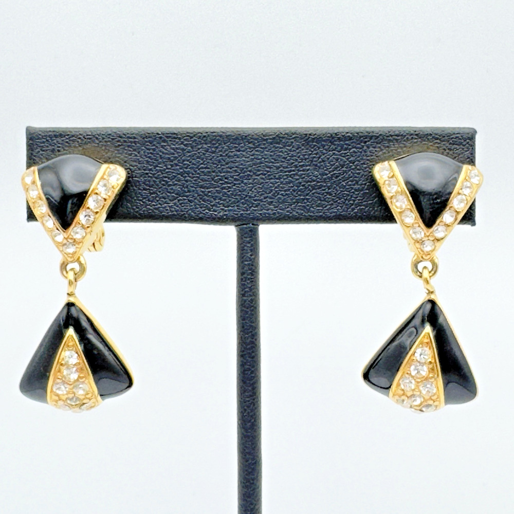 Vintage Monet Enamel Rhinestone Earrings Black Clip On Dangle Signed 80s Classic